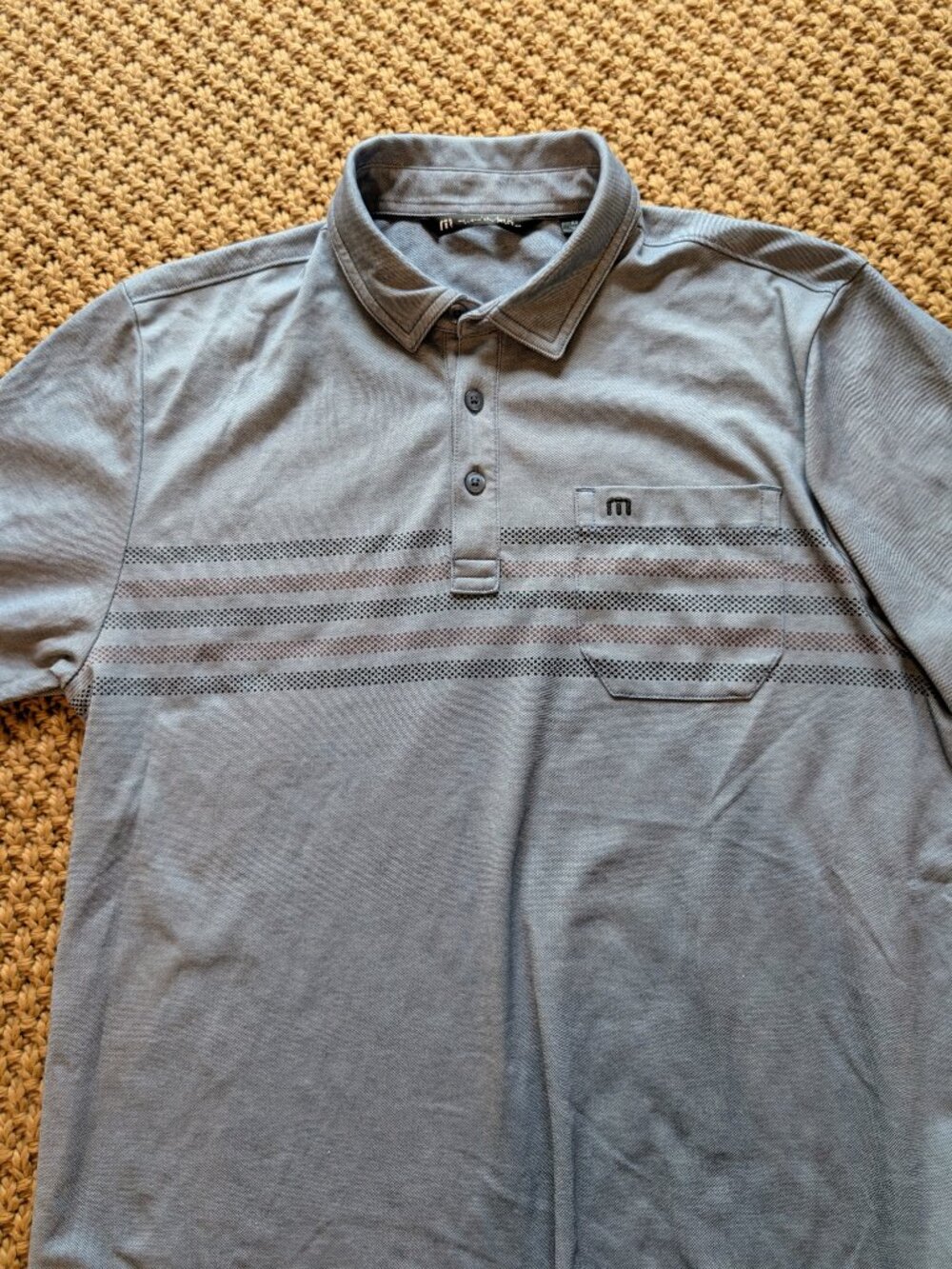 Travis Mathews Gray Stripped Golf Polo - Men's M, Atlanta Athletic Club Logo